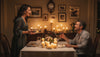 Couple celebrating a 10th wedding anniversary with a candlelit table setting