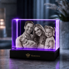 Memirova Personalized 3D Crystal Keepsake- personalized laser-engraved optical crystal keepsake for a pet, family, or couple, shown from the front on its display base 