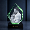 Memirova Faceted Prestige Crystal Memorial Keepsake - personalized laser-engraved optical crystal keepsake for a pet or family, shown from the front on its display base