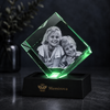 Memirova Memory Crystal Square Keepsake, shown illuminated on an optional LED light display base