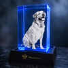 Memirova Memory Crystal Portrait Keepsake - personalized laser-engraved optical crystal keepsake for a pet, shown from the front on its display base
