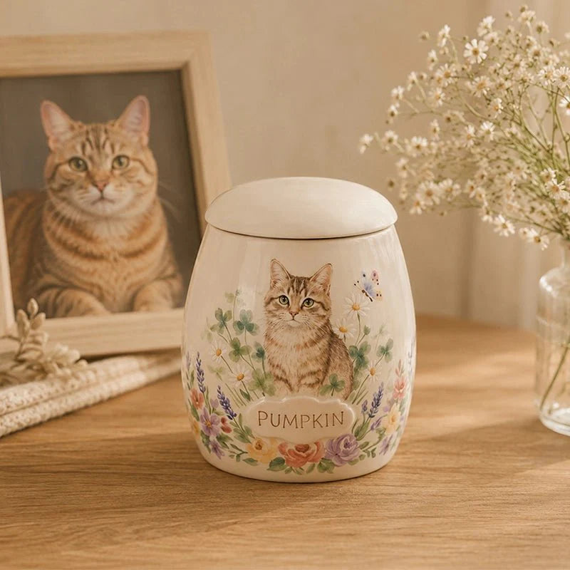 Memirova Custom Hand-Painted Memorial Urn, shown from a side angle, highlighting the curve of the ceramic body and glaze