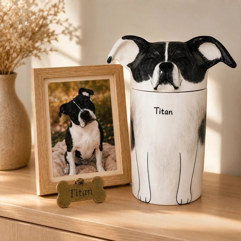 Memirova Dog Memorial Urn - personalized hand-painted ceramic keepsake for a dog, shown from the front