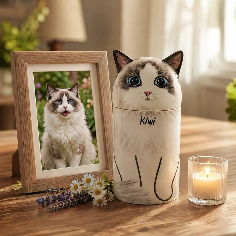 Memirova Cat Memorial Urn, shown from a side angle, highlighting the curve of the ceramic body and glaze