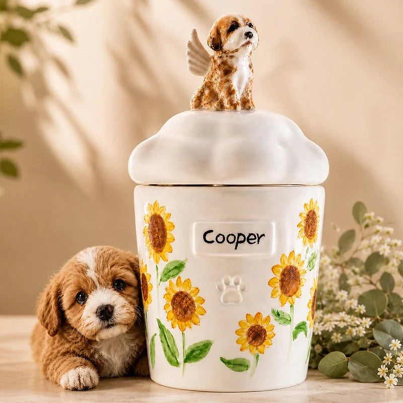 Memirova Angel Memorial Urn - personalized hand-painted ceramic keepsake for a pet (dog or cat), shown from the front
