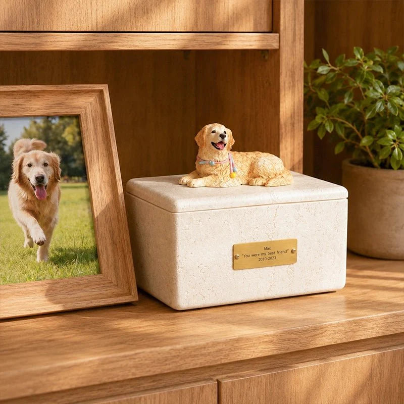 Memirova Custom Clay Figurine Memorial Urn, shown alongside other available sizes for scale reference