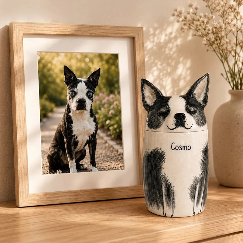Memirova Dog Memorial Urn, shown with the lid removed, revealing the interior ash chamber