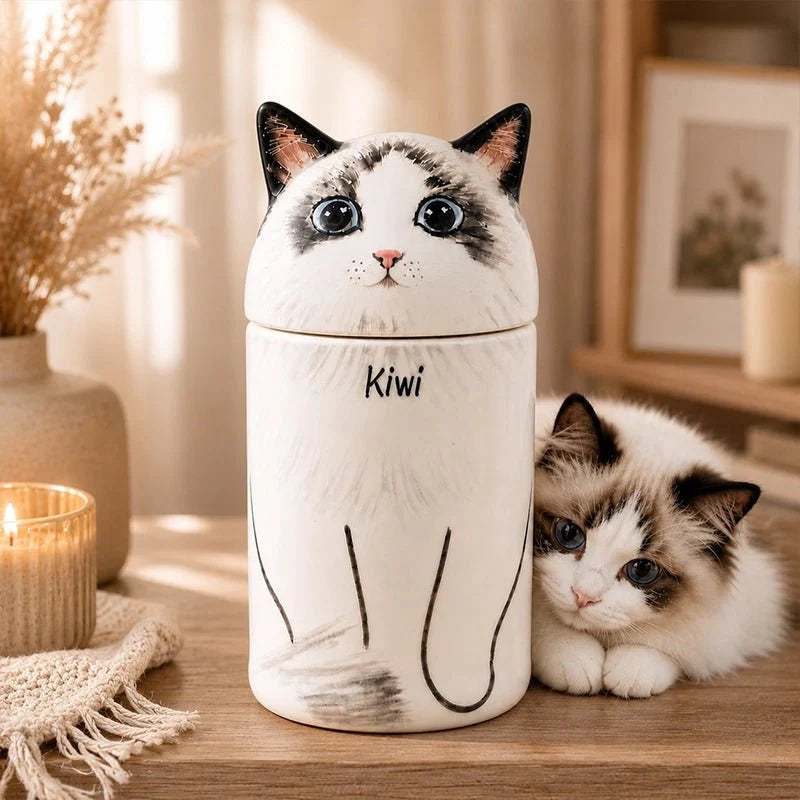 Memirova Cat Memorial Urn - personalized hand-painted ceramic keepsake for a cat, shown from the front