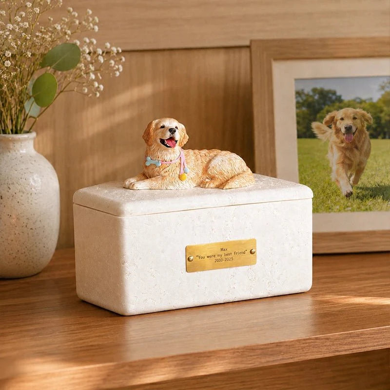 Memirova Custom Clay Figurine Memorial Urn, close-up view highlighting the hand-painted brushwork and fine detail