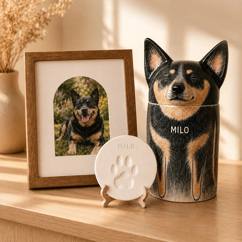 Memirova Dog Memorial Urn, shown with its gift-ready packaging
