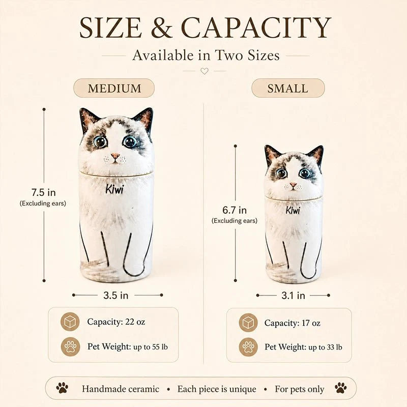 Memirova Cat Memorial Urn, shown alongside other available sizes for scale reference