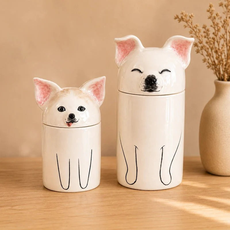 Memirova Dog Memorial Urn, shown from the back, highlighting the smooth glazed ceramic surface
