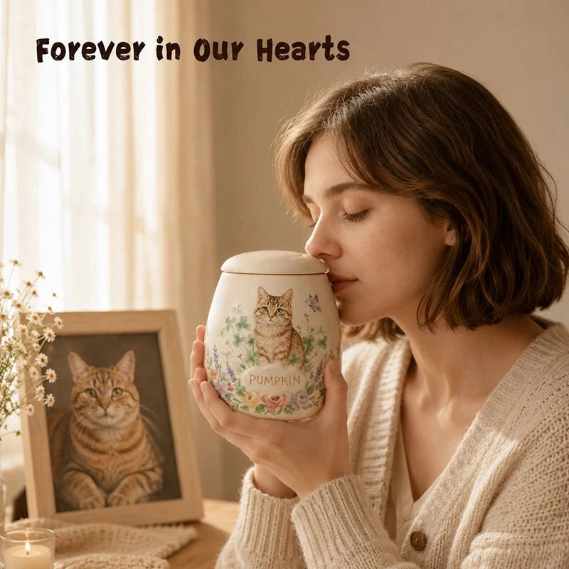 Memirova Custom Hand-Painted Memorial Urn, displayed on a shelf as part of a home memorial display