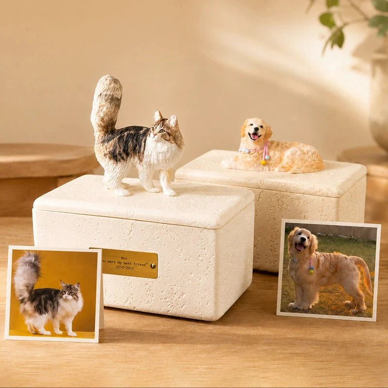 Memirova Custom Clay Figurine Memorial Urn - personalized hand-sculpted ceramic with hand-sculpted clay figurine keepsake for a pet (dog or cat), shown from the front