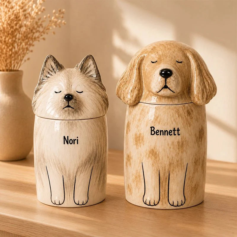 Memirova Dog Memorial Urn, shown from a side angle, highlighting the curve of the ceramic body and glaze
